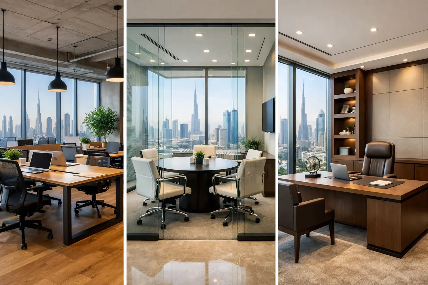 Visual comparison of three UAE office space types: flexi desk co-working area, serviced office with private room, and dedicated private office suite|Dubai Ejari certificate and tenancy contract documents required for mainland business licensing|Modern UAE bank corporate banking centre where business account opening and verification procedures are conducted
