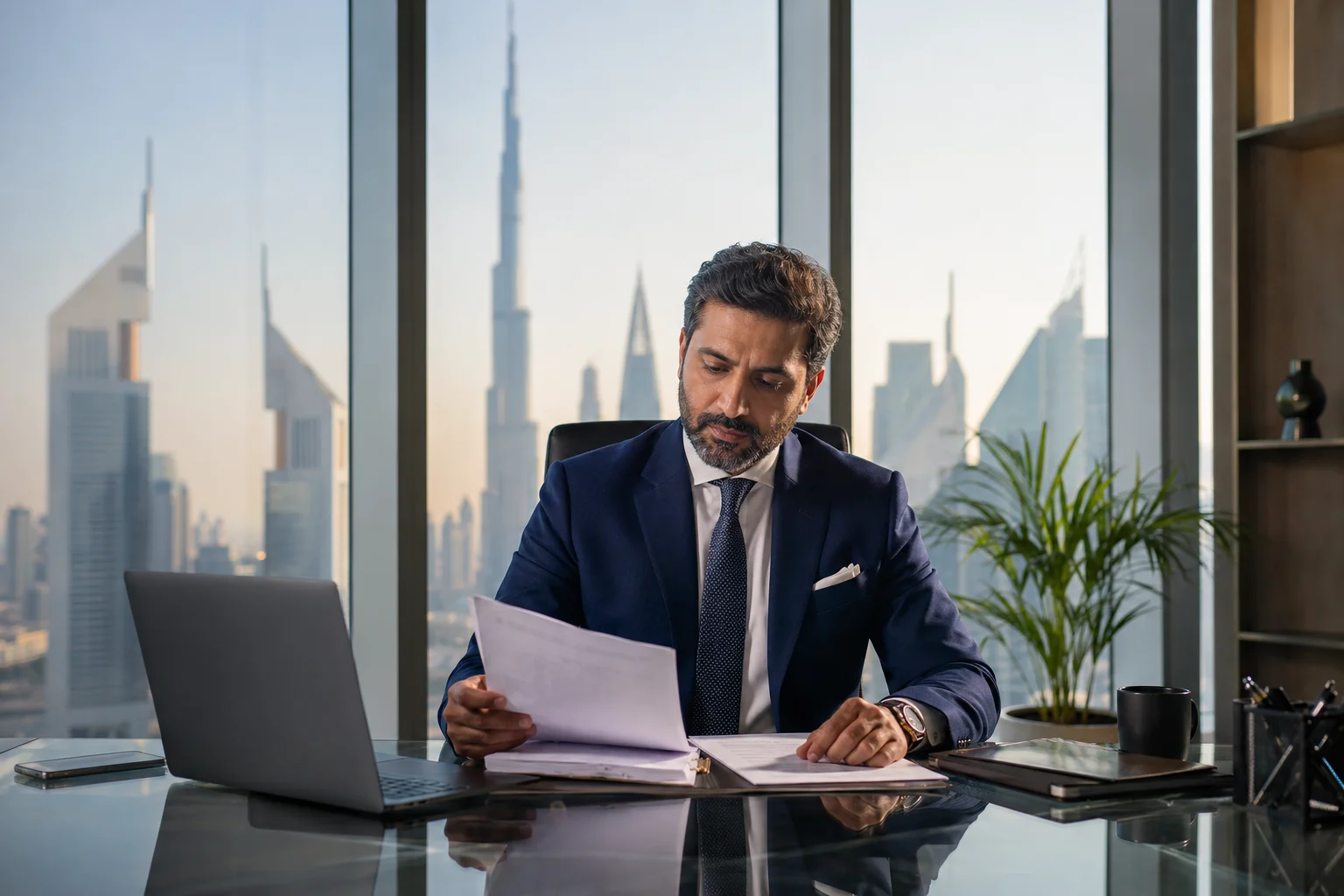 UAE VAT registration documents on desk at Dubai office