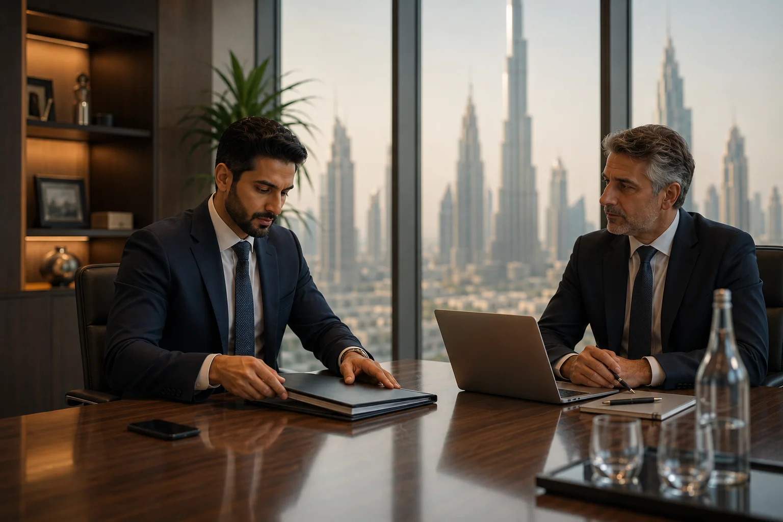 Advisers reviewing final company closure documents across a Dubai boardroom table