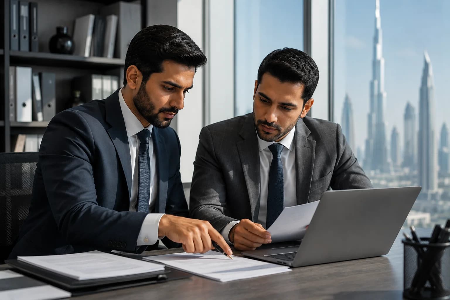 Two analysts cross-checking documents during due diligence in a Dubai office