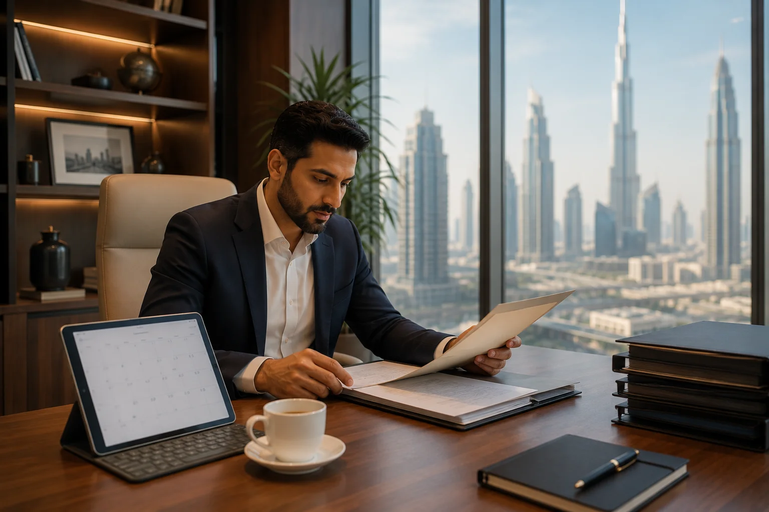 Business owner reviewing UAE trade license renewal paperwork at a Dubai office desk