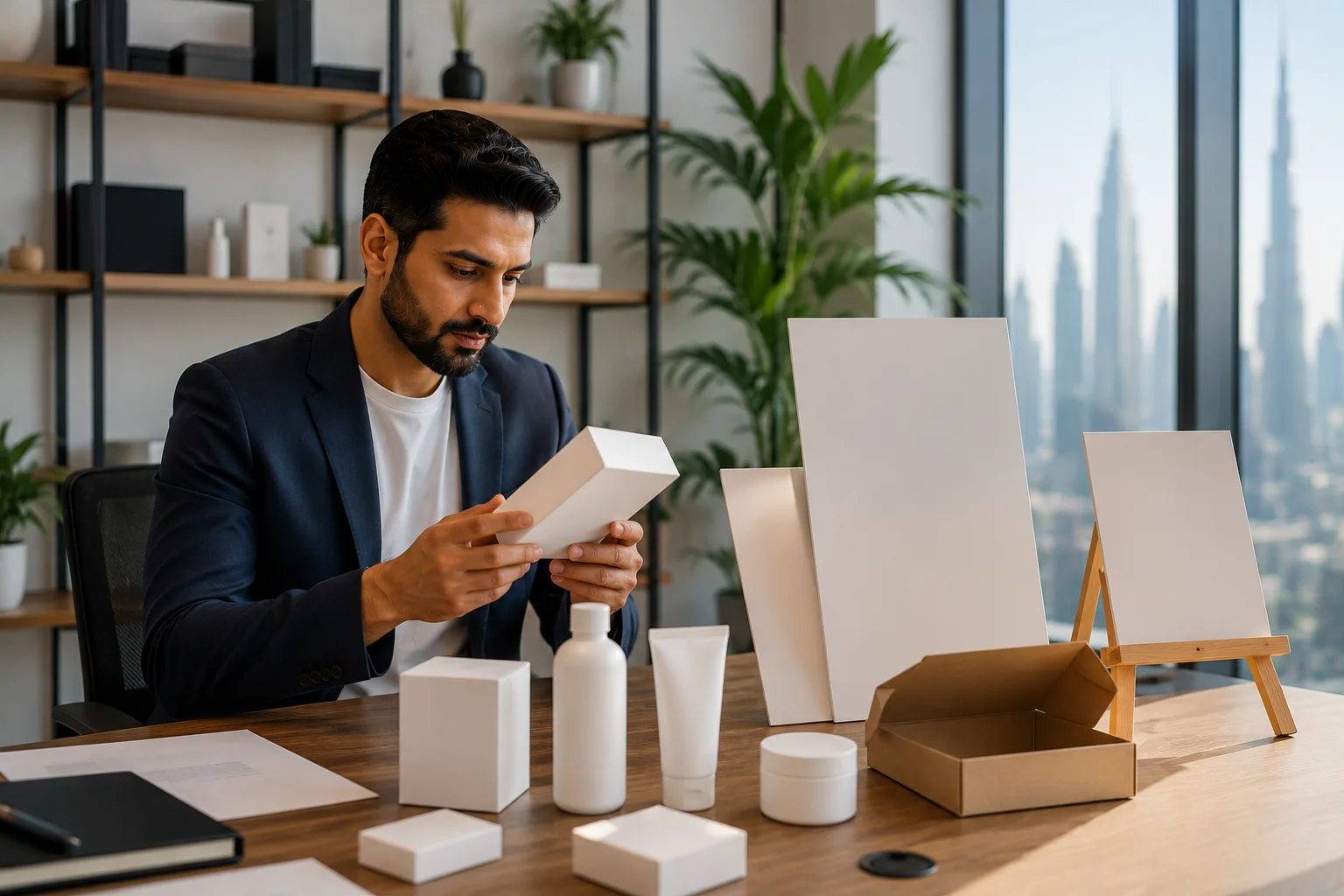 Entrepreneur reviewing unbranded product packaging while protecting a brand in a Dubai studio