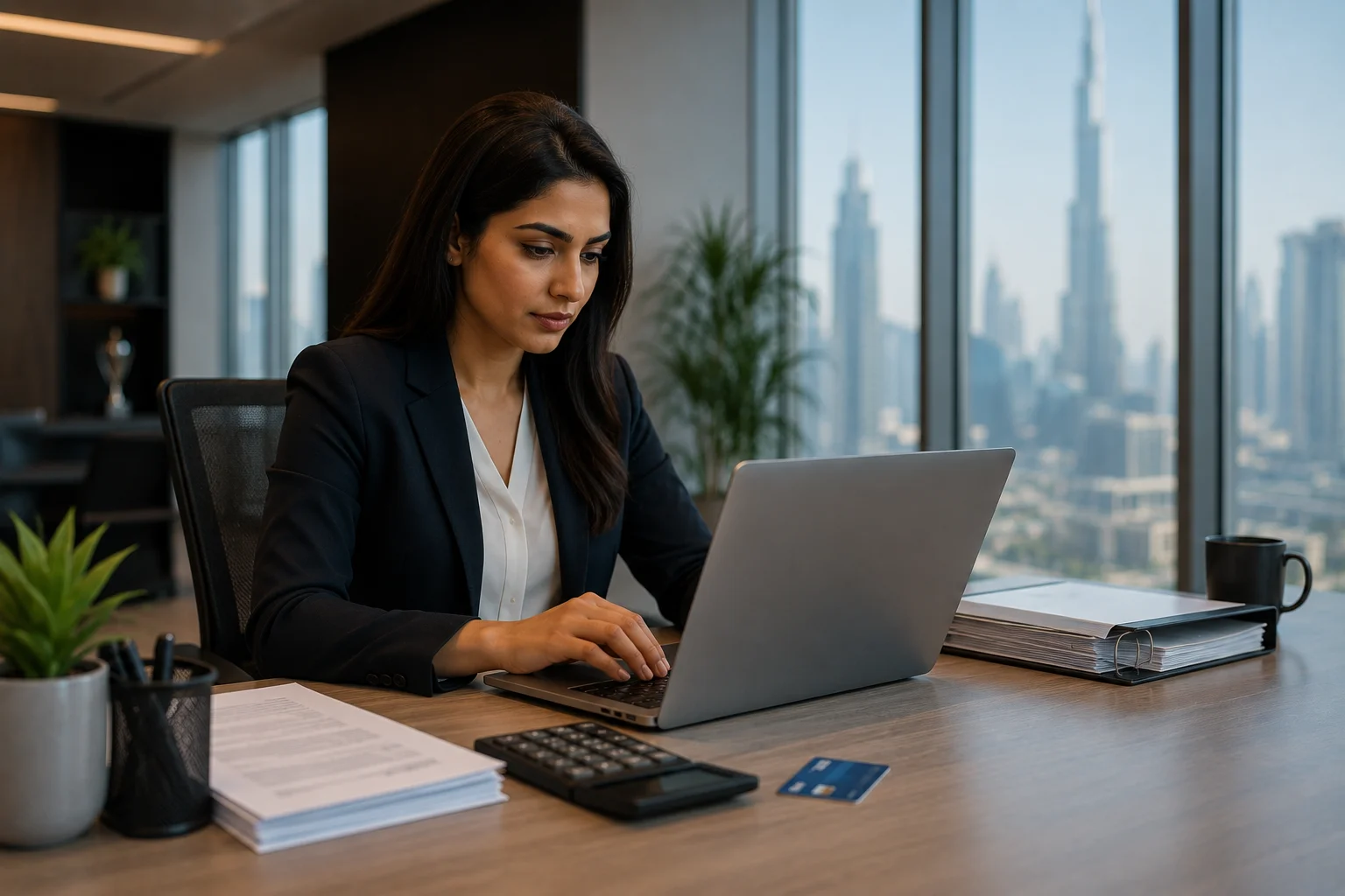 Finance professional processing WPS payroll on a laptop in a Dubai office