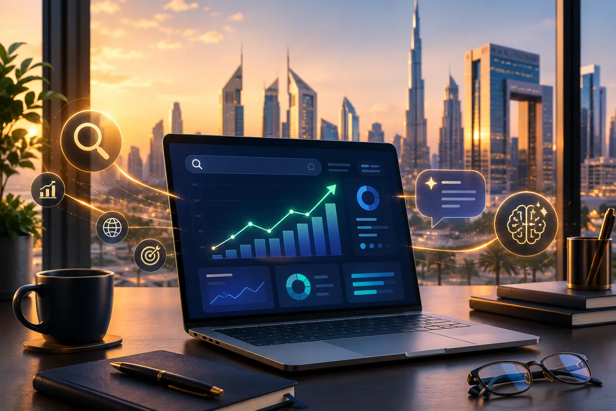 AI SEO services in Dubai improving a UAE business's Google rankings and AI-search visibility