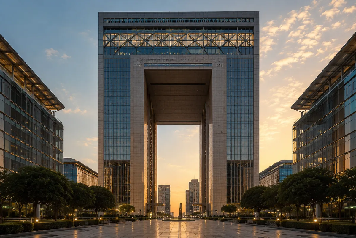 The DIFC Gate building at golden hour, seat of the Dubai Financial Services Authority