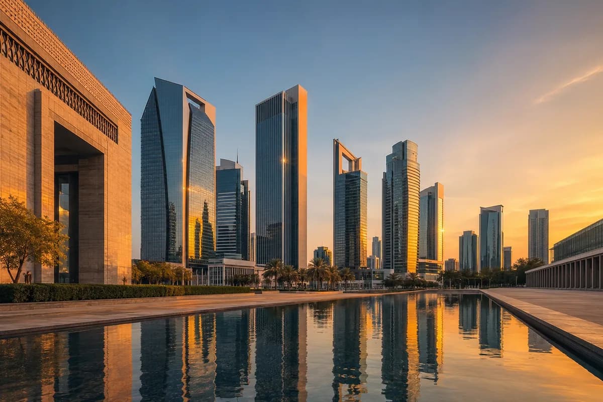Dubai financial-district skyline at golden hour representing the DIFC and ADGM family-office centres