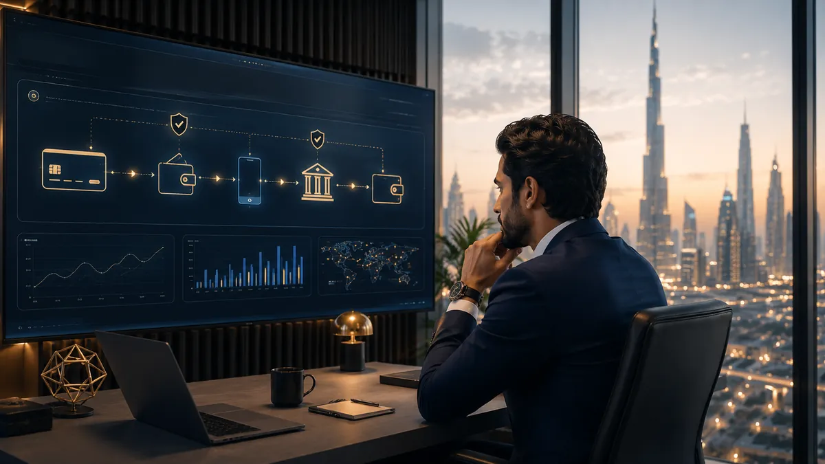 A fintech founder reviewing a payment-flow diagram and transaction dashboards on screen in a Dubai office