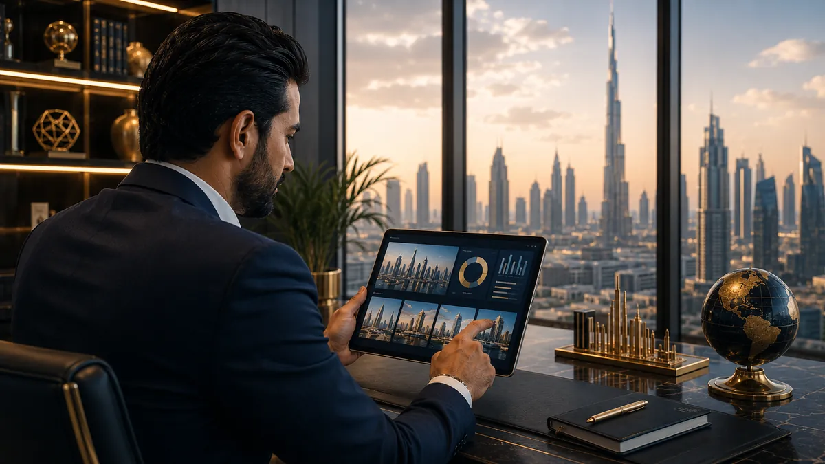 An investor reviewing a Dubai property-fund portfolio dashboard on a tablet with the Burj Khalifa skyline behind