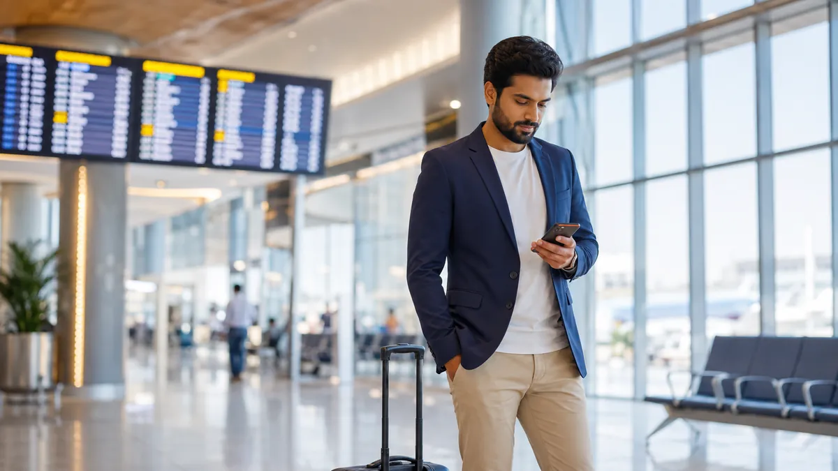 A traveller checking his phone in a Dubai airport departure hall before flying