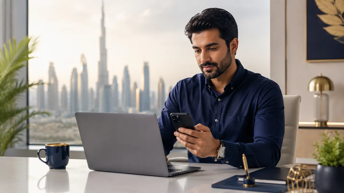 A UAE resident checking their unified number online with the Dubai skyline behind them