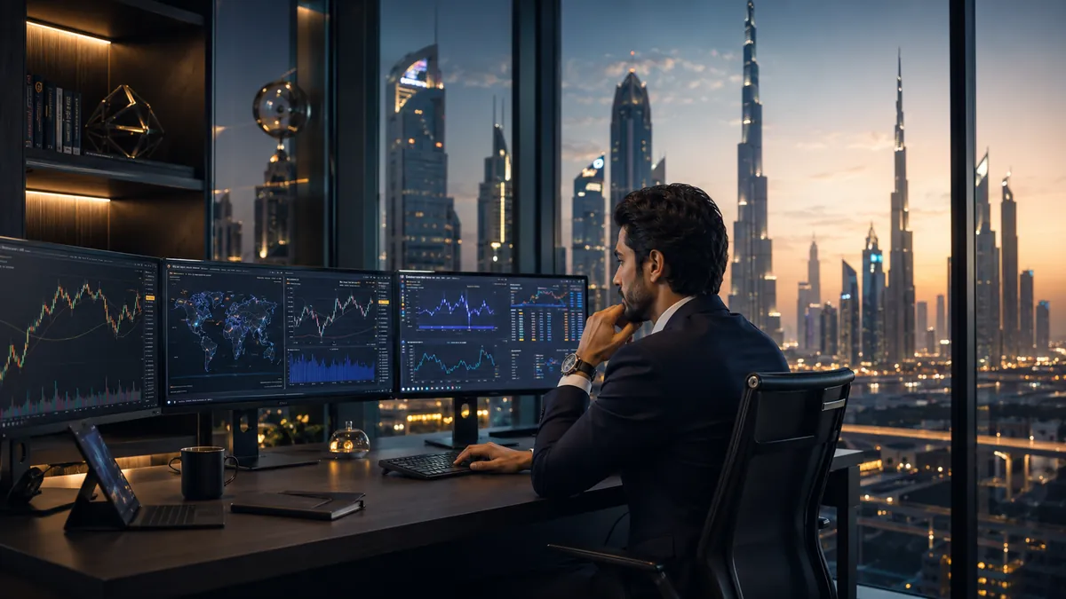 A crypto founder reviewing market and blockchain data on screens in a Dubai office at dusk with the skyline behind