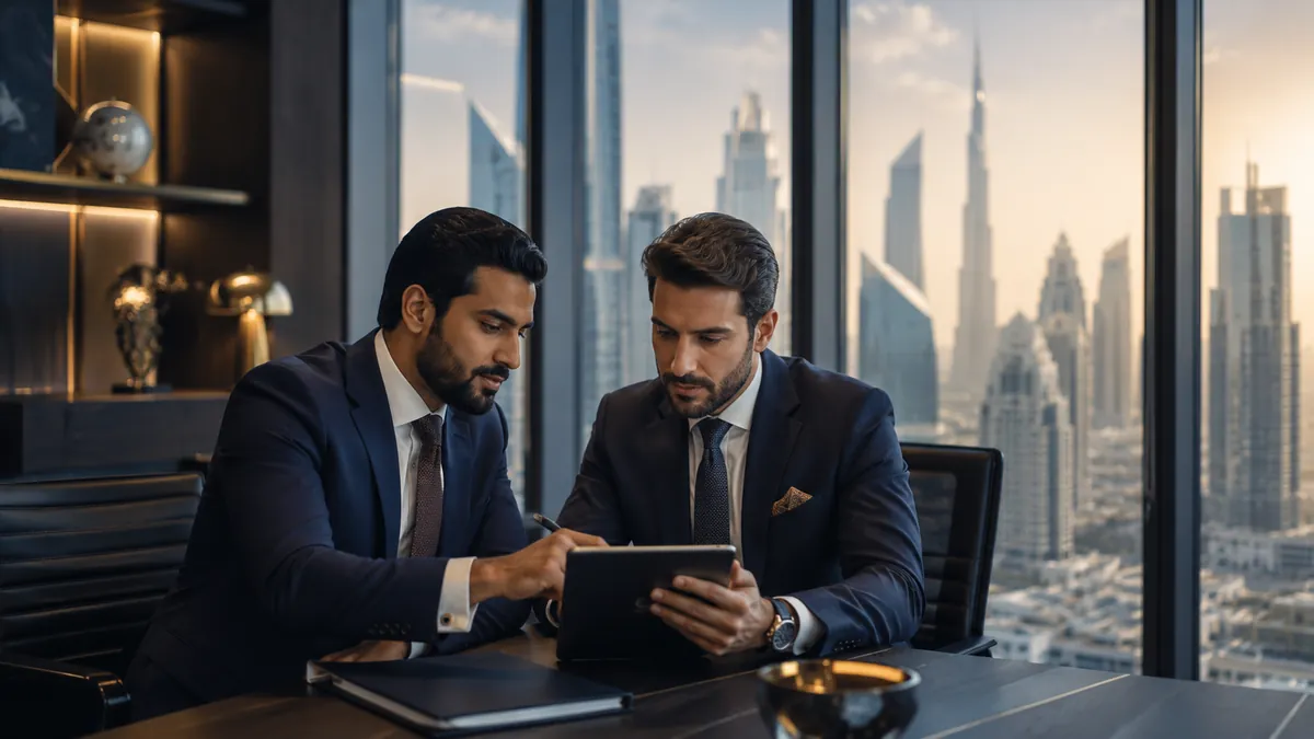 Two wealth-management advisers reviewing a private-client portfolio on a tablet in a DIFC office overlooking the Dubai skyline