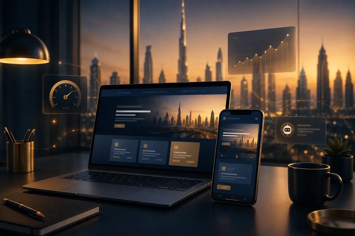 Web development company in Dubai — a modern responsive website shown on a laptop and phone with speed and analytics indicators, against a Dubai skyline
