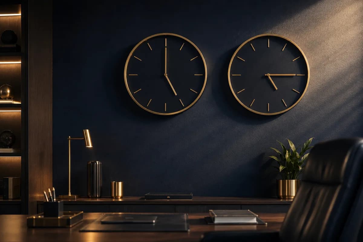 Two brass clocks showing different time zones on a navy office wall, representing running companies in the UAE and Singapore