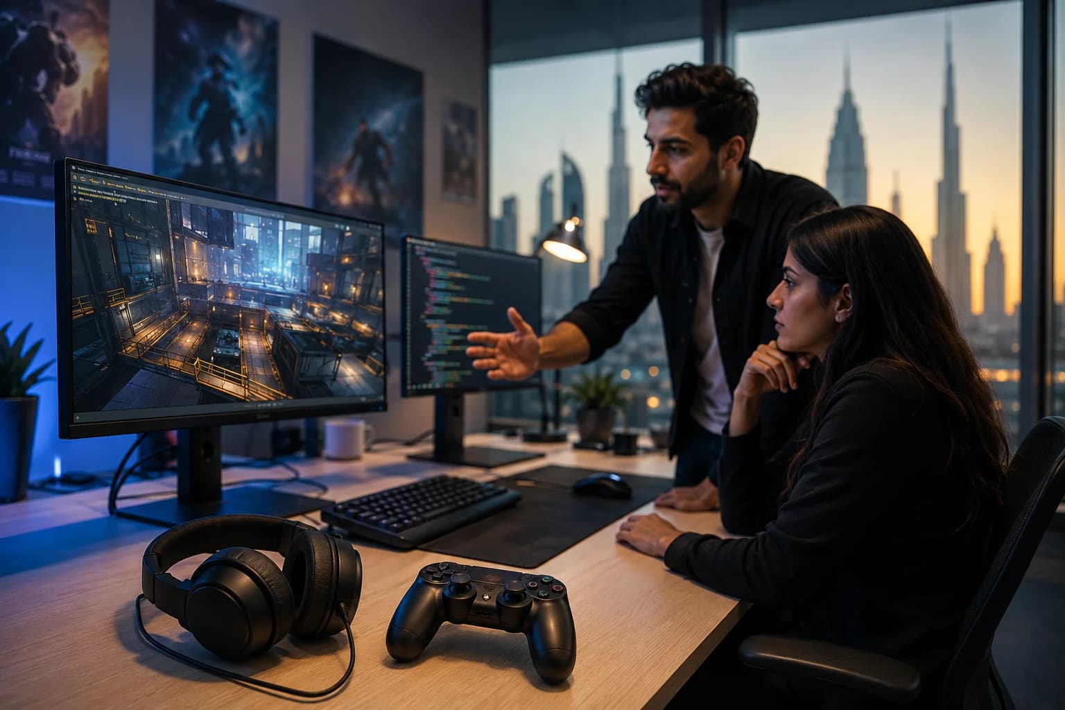 Game developers reviewing an unbranded 3D level in a small Dubai studio, Dubai skyline behind