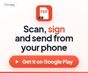 Our app, PDF Maker: scan, sign and send from your phone. JPG to PDF, merge, split and sign your documents. Get it on Google Play.