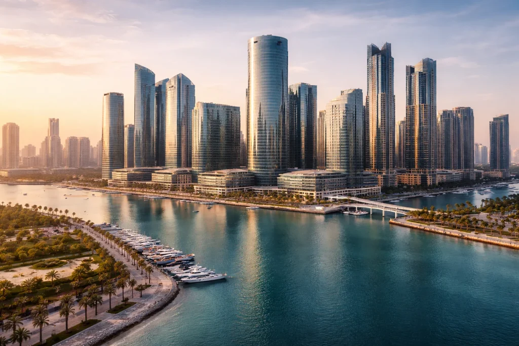 Abu Dhabi skyline showing Al Maryah Island financial district and modern office towers representing the capital's business environment