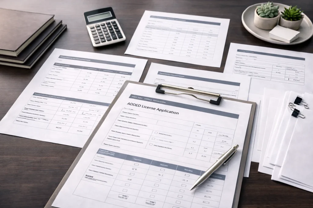 Official Abu Dhabi business formation documents representing the systematic licensing and approval process
