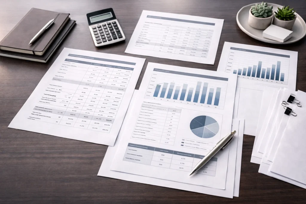 Professional financial planning documents and cost analysis materials for Abu Dhabi business setup budgeting