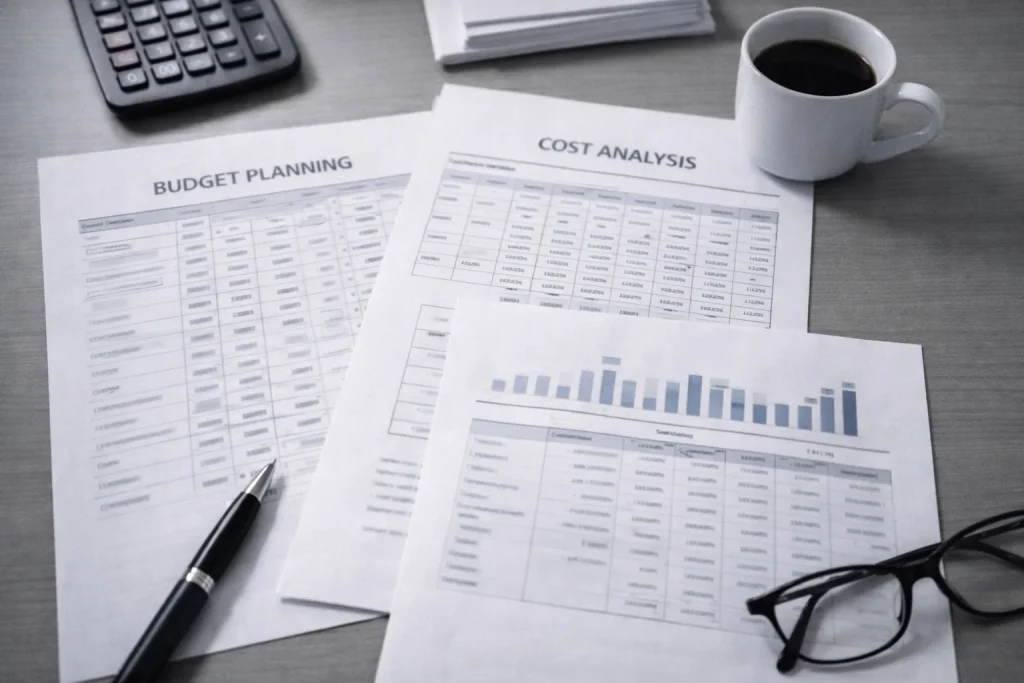 Accounting and tax services cost planning documents and budget analysis spreadsheets