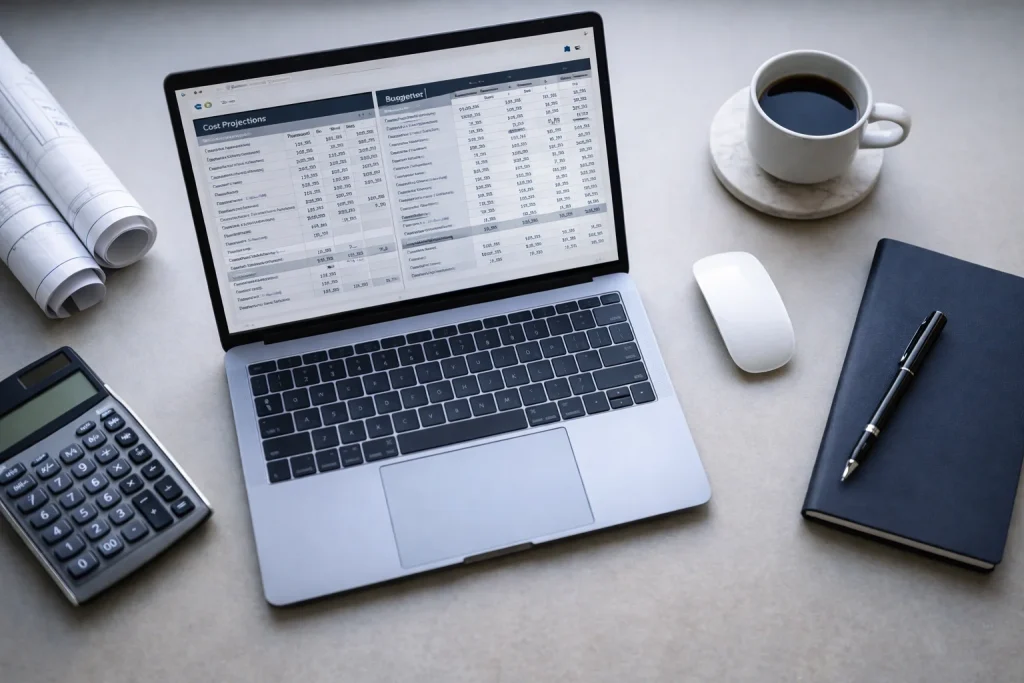  Business planning workspace showing financial spreadsheet for ADGM company setup cost estimation