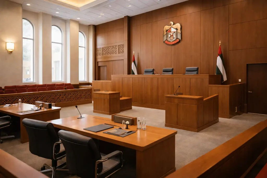 Modern courtroom interior representing ADGM's independent common law court system and legal framework