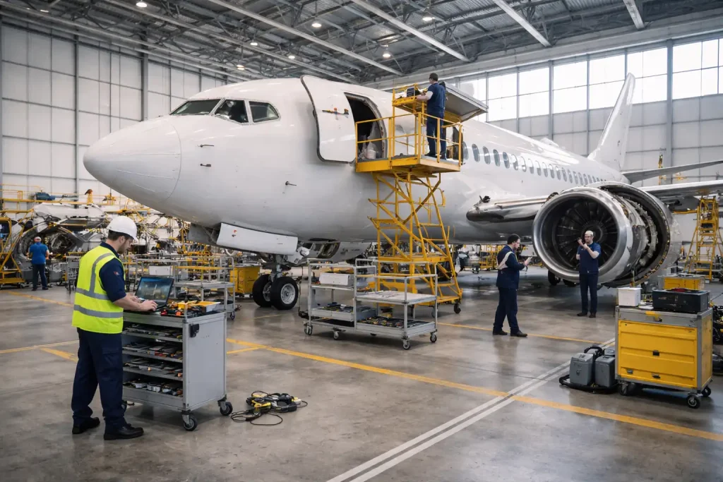 Aircraft maintenance hangar showing MRO operations with technicians performing certified maintenance on commercial aircraft