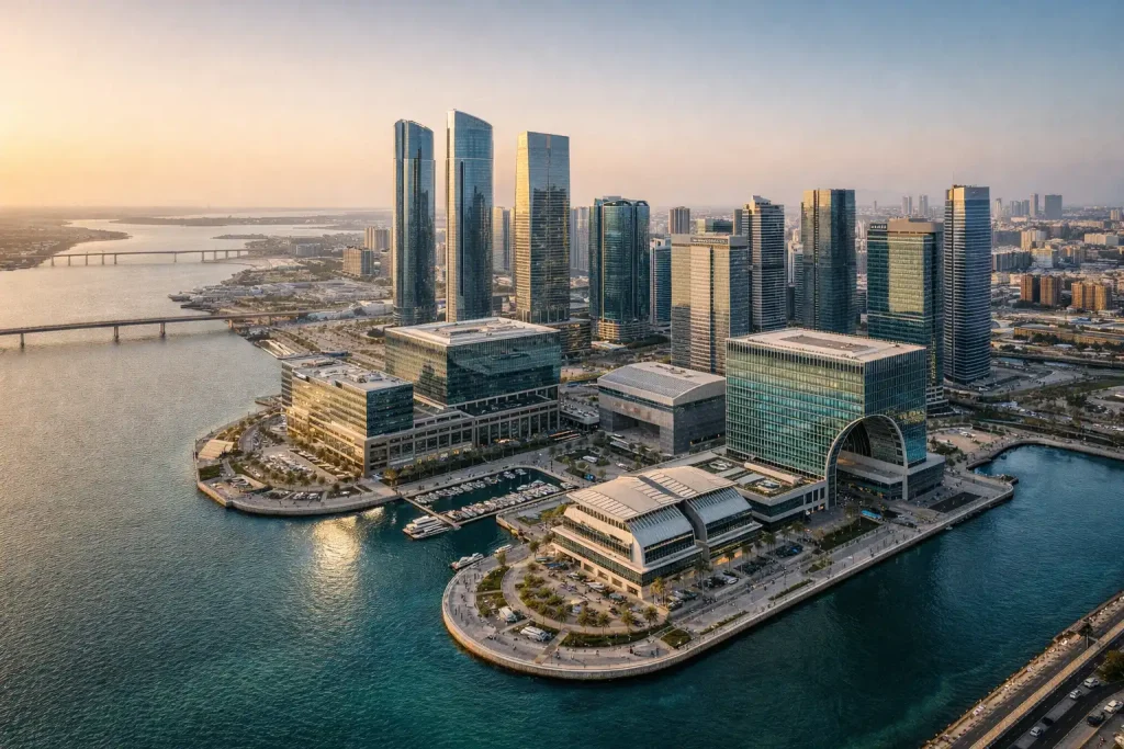 Aerial view of Al Maryah Island Abu Dhabi showing modern financial district towers where ADGM operates