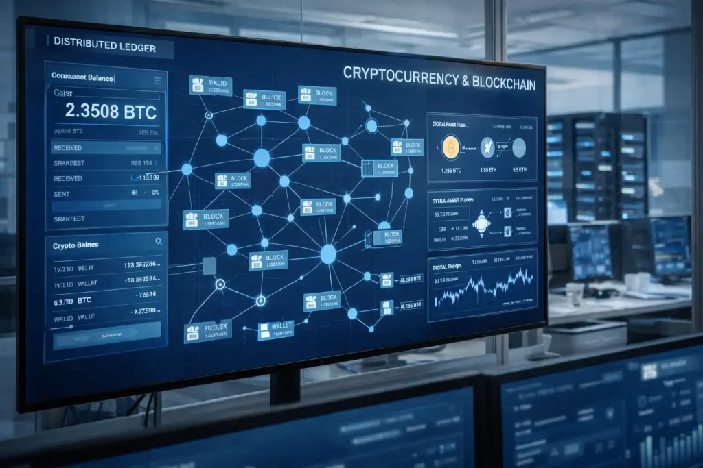 Blockchain network visualization showing digital asset and cryptocurrency infrastructure for FinTech applications