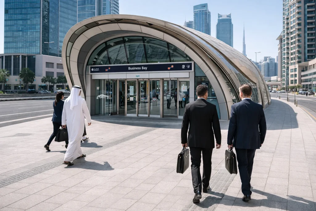 Business Bay Metro station showing public transport connectivity in Dubai's central business district