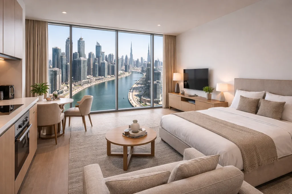 Modern furnished studio apartment interior in Business Bay with canal views
