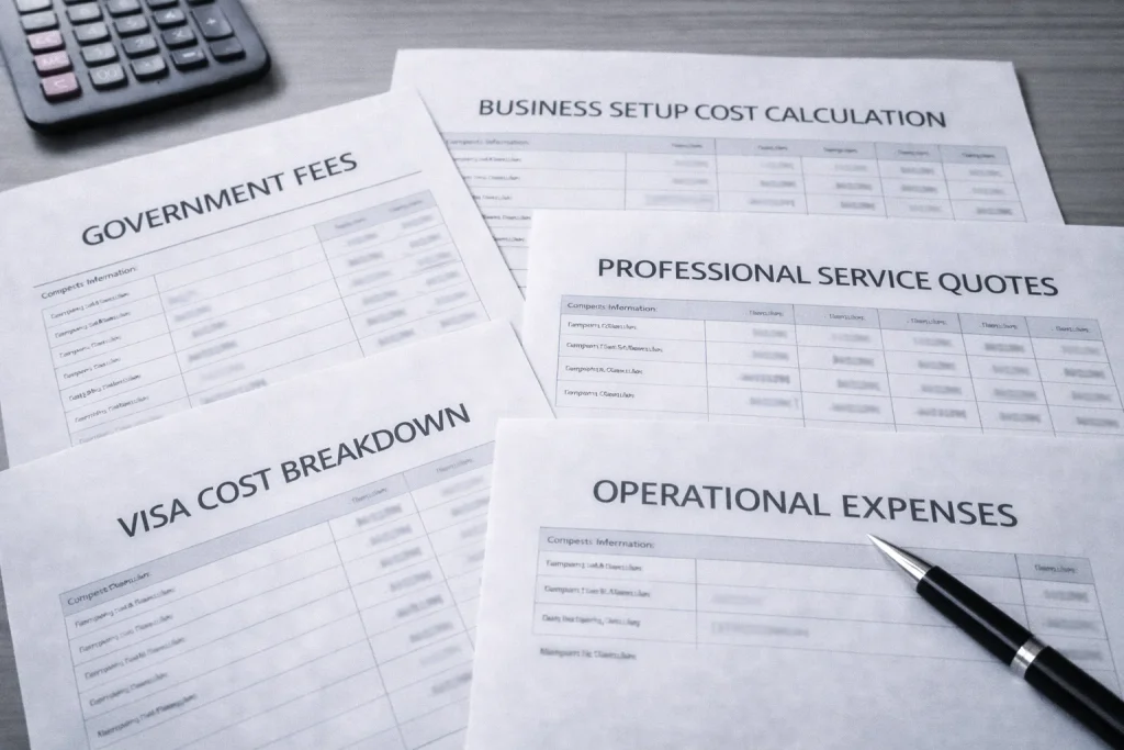 Business setup cost calculation documents showing systematic methodology for estimating UAE company formation expenses