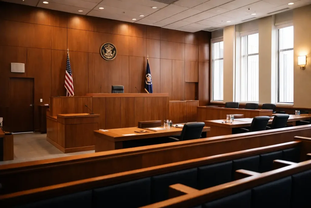 Modern courtroom interior representing the common law legal framework and independent court system