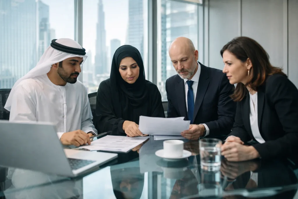 Business professionals reviewing corporate banking documentation during consultation meeting in UAE office