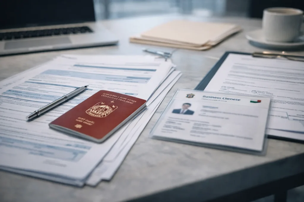  Organized corporate documents and identification papers prepared for UAE corporate tax registration process
