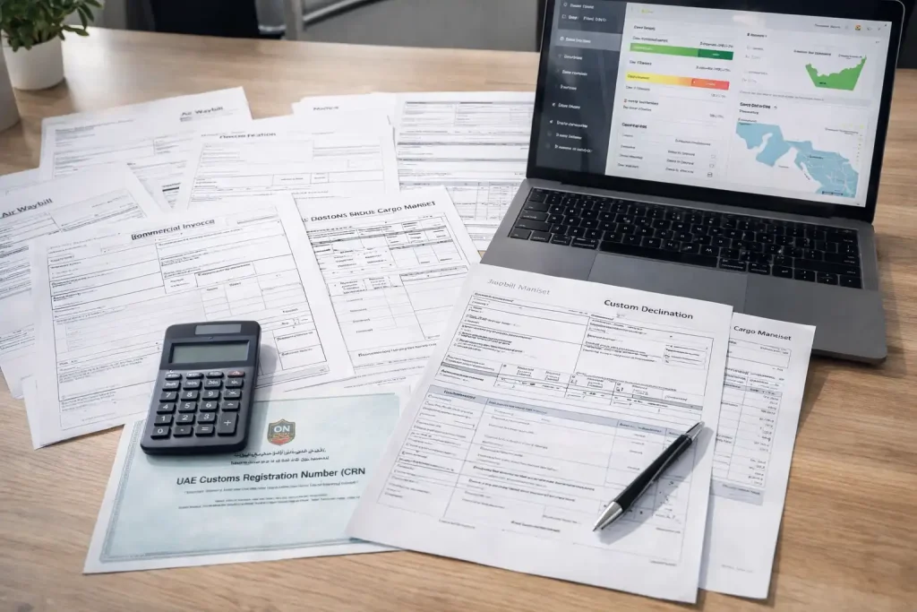 Customs clearance and freight forwarding documentation including waybills, invoices, and UAE customs registration materials