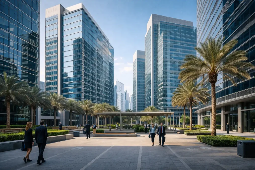 DIFC business district showing modern office towers and professional environment with business professionals