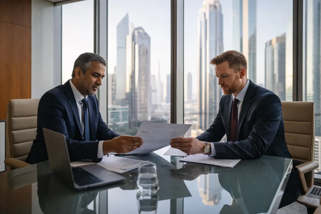 Business professionals reviewing DIFC company setup documentation in modern Dubai office