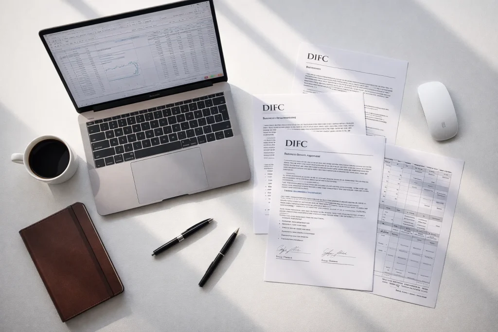 Business planning documents and financial spreadsheets for DIFC company setup evaluation