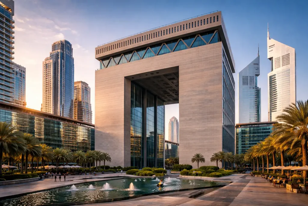 DIFC Gate building architectural landmark in Dubai's financial district with surrounding modern towers