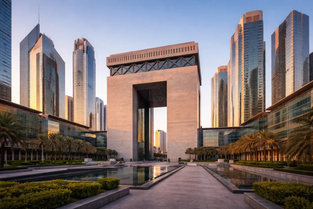 DIFC Gate Building and financial district towers in Dubai at sunset