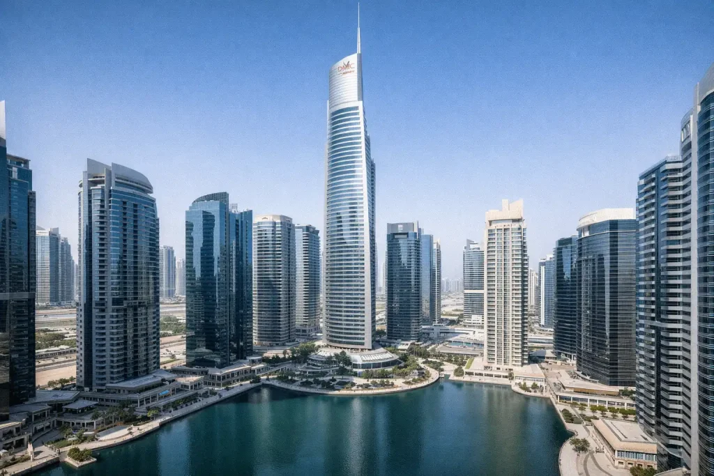 DMCC Almas Tower and Jumeirah Lakes Towers showing Dubai's commodities trading district and gold trading hub