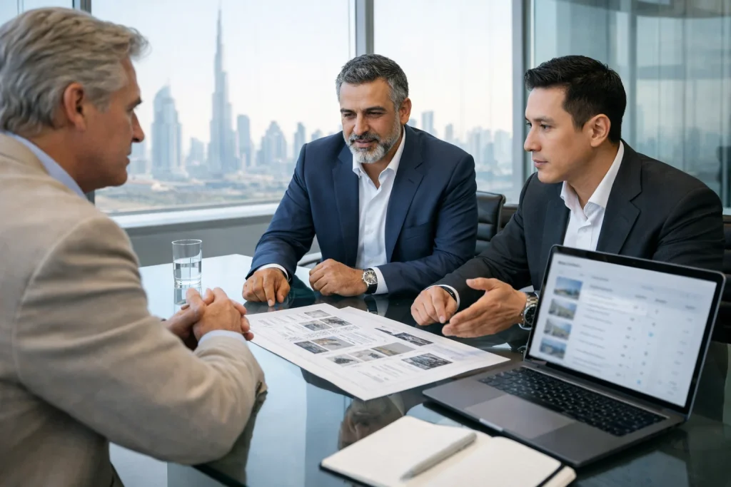 Advisor presenting a commercial property location shortlist for Dubai business setup planning