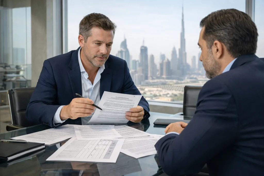 Advisor and business owner reviewing a Dubai commercial lease contract and due diligence checklist