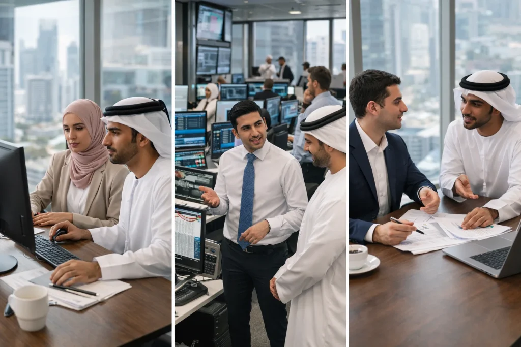 Diverse Dubai business environments representing different activity classifications from professional services to commercial trading