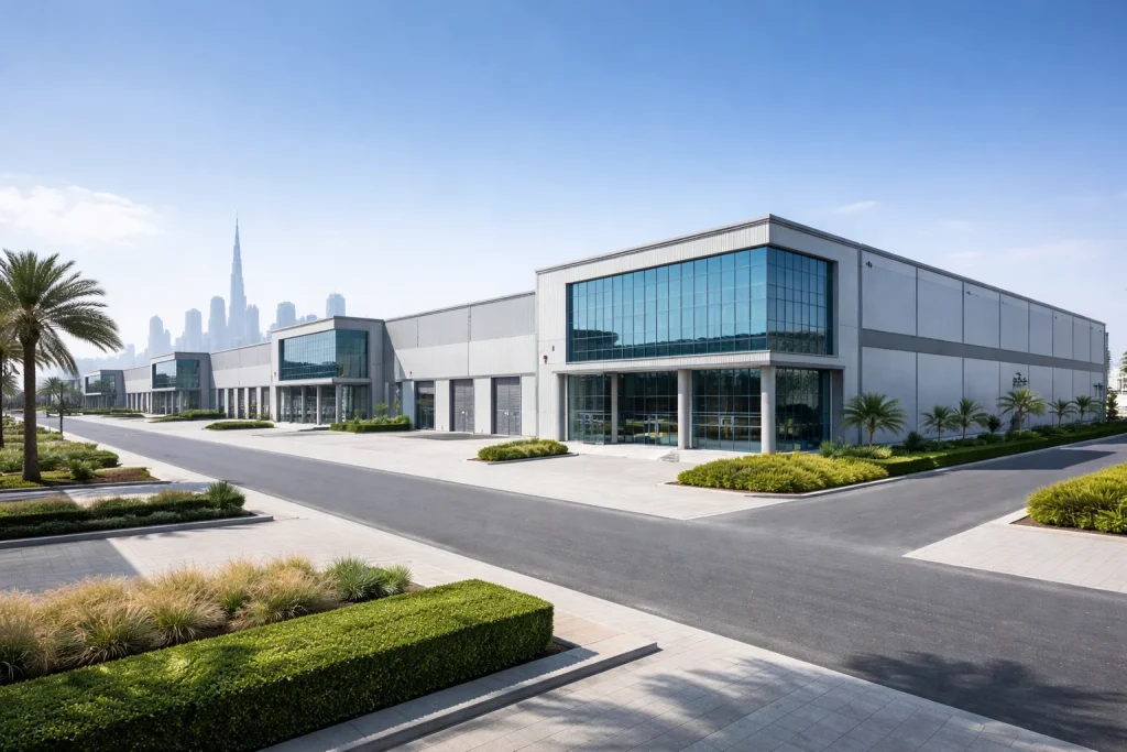 Modern Dubai industrial zone facility representing industrial license requirements and designated manufacturing areas