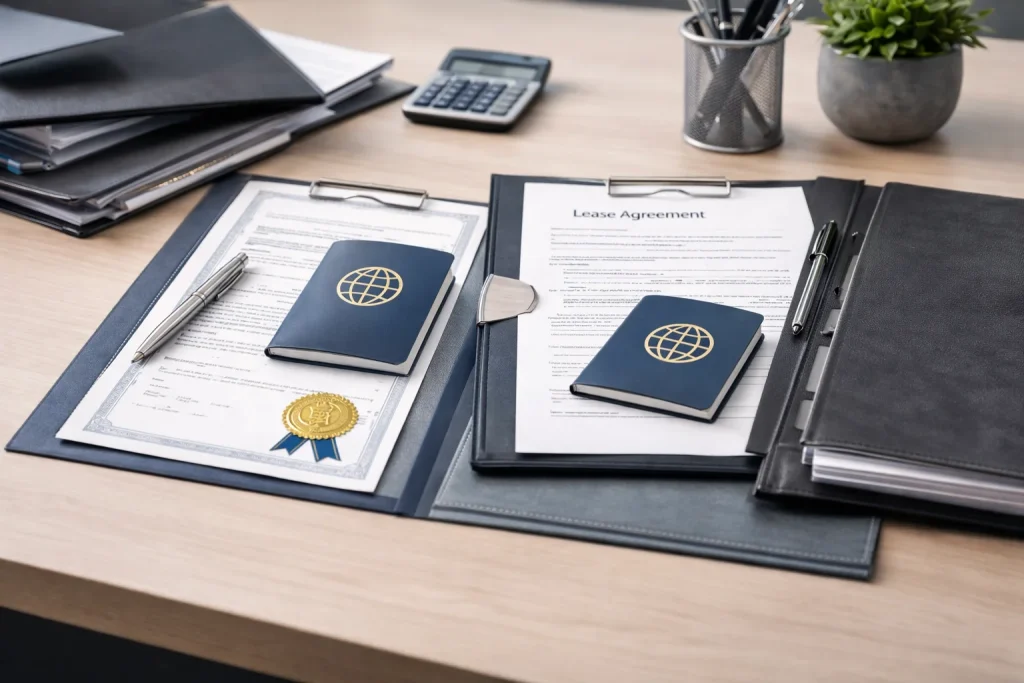 Organized business documents including trade license, lease agreement, and compliance certificates required for Dubai license renewal