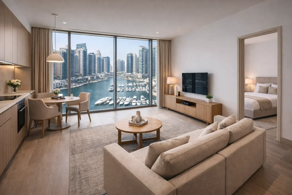 Furnished apartment interior in Dubai Marina set up as a short-term holiday home rental