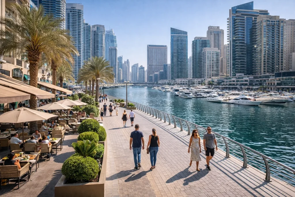 Dubai Marina Walk showing waterfront promenade with high-rise towers and lifestyle amenities