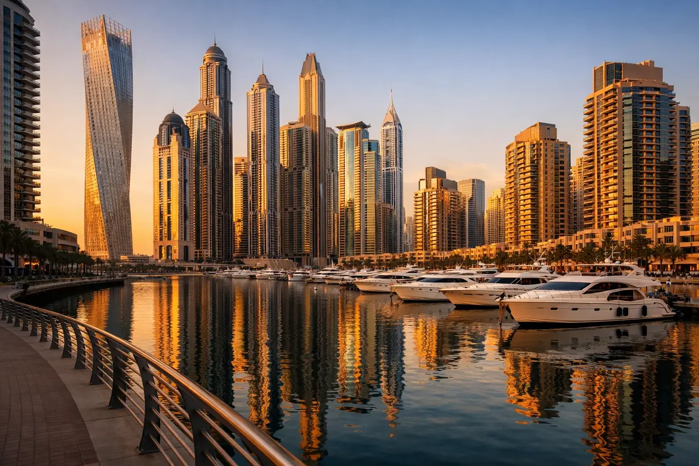 Dubai marina waterfront residential skyline at golden hour
